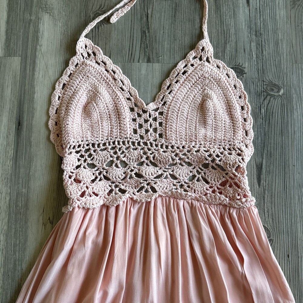 Lilbetter Maxi Dress Womens Peach Crochet Halter Top Backless Lined Boho XS